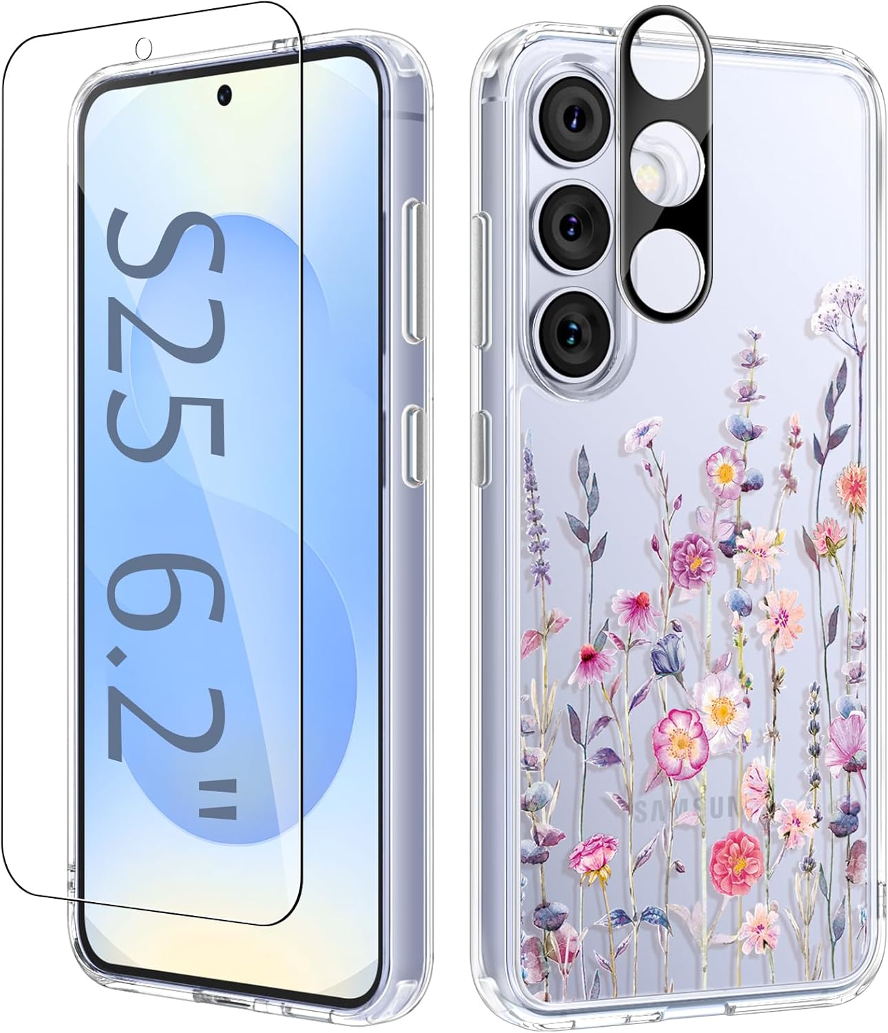 GVIEWIN for Samsung Galaxy S25 Case, [Screen & Camera Lens Protector] [Non Yellowing] Floral Clear Slim Shockproof Military-Grade Protection Phone Cover, Flower Design for Women, Floratopia/Colorful