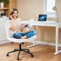 Furmax Cross Legged Office Chair with Wheels, Armless Desk Wide Chair, Adjustable Swivel Padded Fabric Vanity Computer Task Chair (Beige) - Image 3