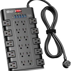 Power Strip, SUPERDANNY Surge Protector with 22 AC Outlets and 6 USB Charging Ports, 1875W/15A, 2100 Joules, 6.5Ft Flat Plug Heavy Duty Extension Cord for Home, Office, Dorm, Gaming Room, Black