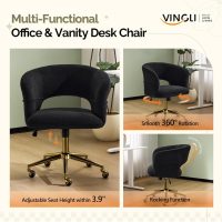 VINGLI Modern Curved Office & Vanity Desk Chair, Cute Upholstered Nail Chair with Wheels & 360° Swivel & Club & Tilting & Gold Base, for Bedroom, Living Room, Makeup, Velvet Chenille, Black - Image 6
