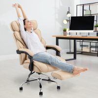 COLAMY Office Chair with Retractable Footrest, Ergonomic High Back Design Executive Computer Desk Chair with Removable Lumbar Pillow, 90-135°Reclining, Thick Bonded Leather for Home Office Work, Khaki - Image 5