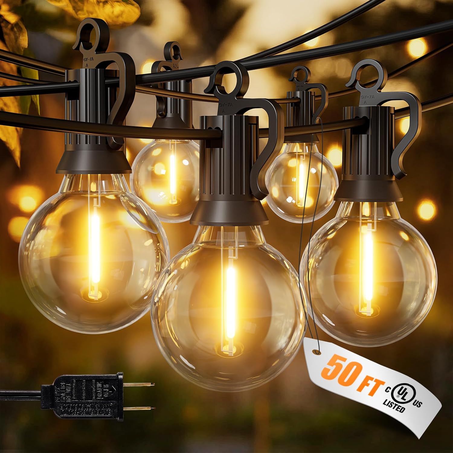 Brightown Outdoor String Lights, 50FT 25 G40 Bulbs Shatterproof Patio Lights, IP65 Waterproof Dimmable Hanging Connectable Globe LED Outdoor Lights for Backyard, Bistro, Porch, Deck, Balcony