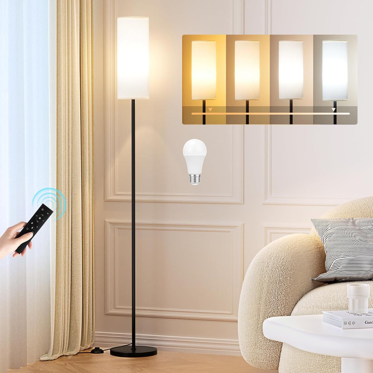 Ambimall Floor Lamps for Living Room, 64″ Modern Floor Lamp with Remote Control and Stepless Dimmable Colors Temperature & Brightness, Standing Lamps for Living Room Bedroom Office, 9W Bulb Included