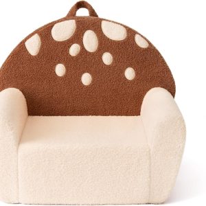 Blissful Diary Toddler Chair Comfy, Foam Kids Chair with Soft Teddy Plush, Toddler Reading Armchair with Cute Mushroom Designs- Brown