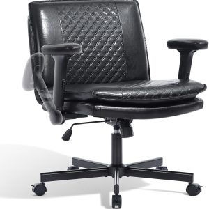 Criss Cross Chair with Flip-Up Arms and Lockable Wheels, Leather Cross Legged Office Desk Chair，Wider 125°Tilting Adjustable Swivel Computer Chair for Home, Apartment, Bedroom,Black 1