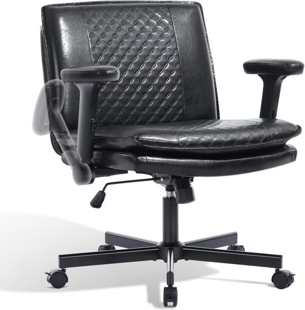 Criss Cross Chair with Flip-Up Arms and Lockable Wheels, Leather Cross Legged Office Desk Chair，Wider 125°Tilting Adjustable Swivel Computer Chair for Home, Apartment, Bedroom,Black 1