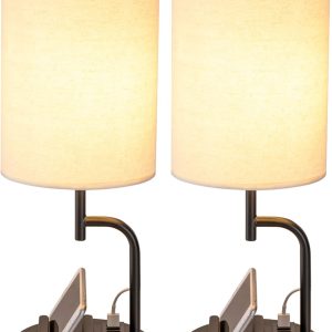 Dreamholder Table Lamp with 3 USB Charging Ports, Modern Desk Lamp with AC Outlet and Phone Stands, Perfect Bedside Lamp for Bedroom, Living Room, Office (Pack of 2), Cream