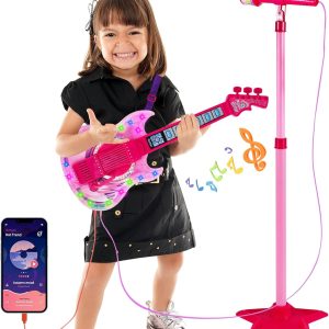 Guitar and Microphone Play Set for Girls,Karaoke Machine with Music&Light,Microphone Toys with Stand,Adjustable Height Guitar Toys for Kids,Toddlers,Child(Red)