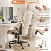 Sweetcrispy Ergonomic Office Chair Heavy Duty Task Desk Chair with Flip-up Arms, PU Leather, Adjustable Swivel Rolling Chair with Wheels, Beige - Image 6