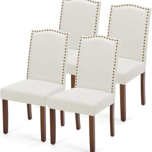 DUMOS Dining Chairs Set of 4, Moden Leather Kitchen Table Chairs with Wooden Legs and Padded Seat for Dining Room/Kitchen/Living Room/Restaurant, Beige