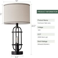 Black Table Lamps for Living Room Set of 2, 22.3" Farmhouse Lamps for Nightstand, Industrial Table Lamps for Bedroom with USB Ports, Bulbs Included - Image 8