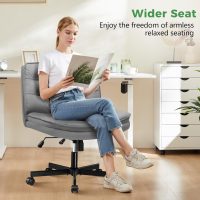 GTRACING Criss Cross Legged Office Chair with Wheels, Extra Wide Armless Comfy Desk Chair for Home Bedroom, 2 Layer Cushion Large Seat & Back Support X-Legged Chair, Gray PU Leather Adjustable Height - Image 5