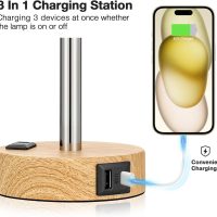 Bedside Table Lamp for Bedroom - 3 Way Dimmable Touch Lamp USB C Charging Ports and AC Outlet, Small Lamp Wood Base Round Flaxen Fabric Shade for Living Room, Desk, LED Bulb Included - Image 3