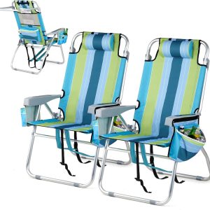 VINGLI Tall Beach Chair 2 Pack Lightweight, Backpack Beach Chair for Adults with 5-Position, Cooler Bag, Cup Holders, Towel Bar, Lightweight Folding Beach Camping Chairs （Blue/Green-16