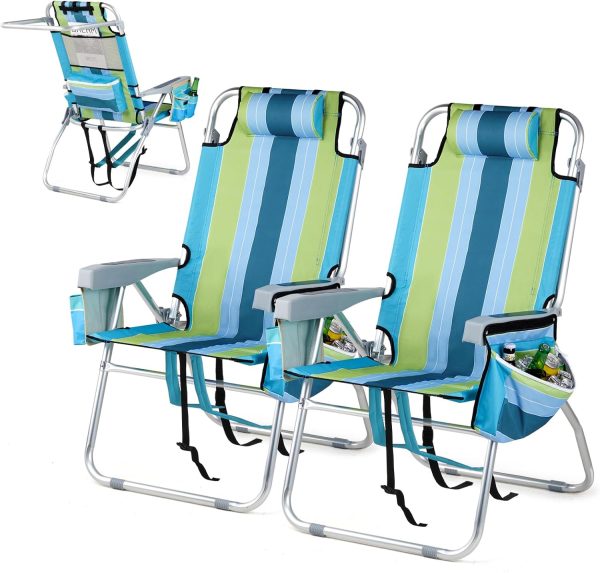 VINGLI Tall Beach Chair 2 Pack Lightweight, Backpack Beach Chair for Adults with 5-Position, Cooler Bag, Cup Holders, Towel Bar, Lightweight Folding Beach Camping Chairs （Blue/Green-16