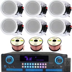 Home Theater Sound System Kit - 2000 Watts Bluetooth Amplifier w/ 6 Qty of 8" Framed Ceiling Speakers 300 W Each, 300 ft Speaker Wire & Remote for Home, Bar, Office, Restaurant by Technical Pro