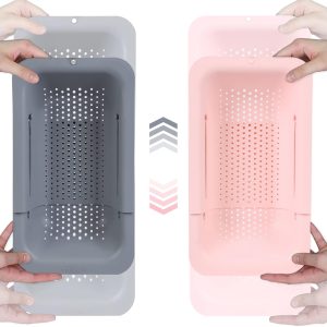 BLUE GINKGO Sink Colander Baskets - (Pack of 2) Wash Vegetables and Fruits, Drain Cooked Pasta and Dry Dishes - Extendable - New Home Kitchen Essentials (Grey & Pink)