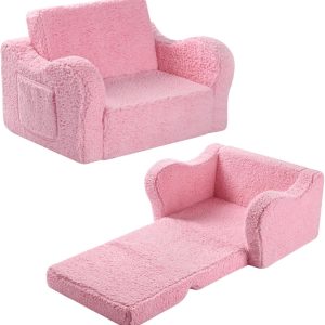 Kids Chairs for Toddler, 2-in-1 Toddler Soft Sherpa Couch Fold Out, Convertible Sofa to Lounger for Girls and Boys, Pink