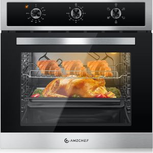 AMZCHEF 24" Single Wall Oven, 2.65 Cu.ft. Built-in Electric Wall Oven with 5 Cooking Functions, 360° ROTATING ROTISSERIE, 2200W, Mechanical Knobs Control, Timer, Stainless Steel Wall Oven for Kitchen