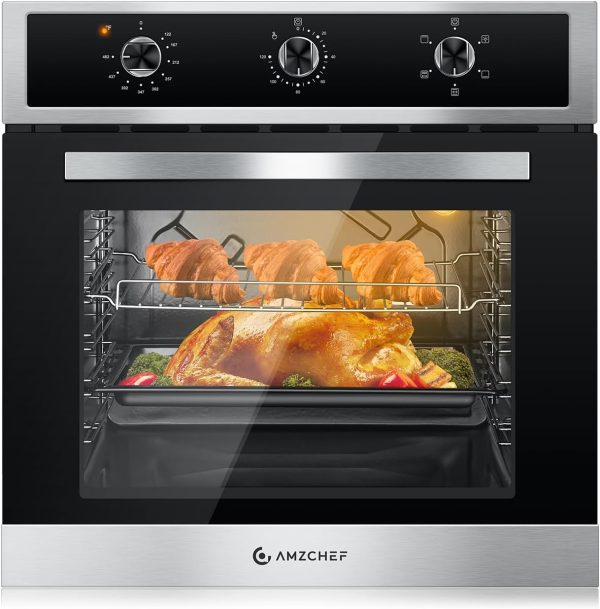 AMZCHEF 24" Single Wall Oven, 2.65 Cu.ft. Built-in Electric Wall Oven with 5 Cooking Functions, 360° ROTATING ROTISSERIE, 2200W, Mechanical Knobs Control, Timer, Stainless Steel Wall Oven for Kitchen