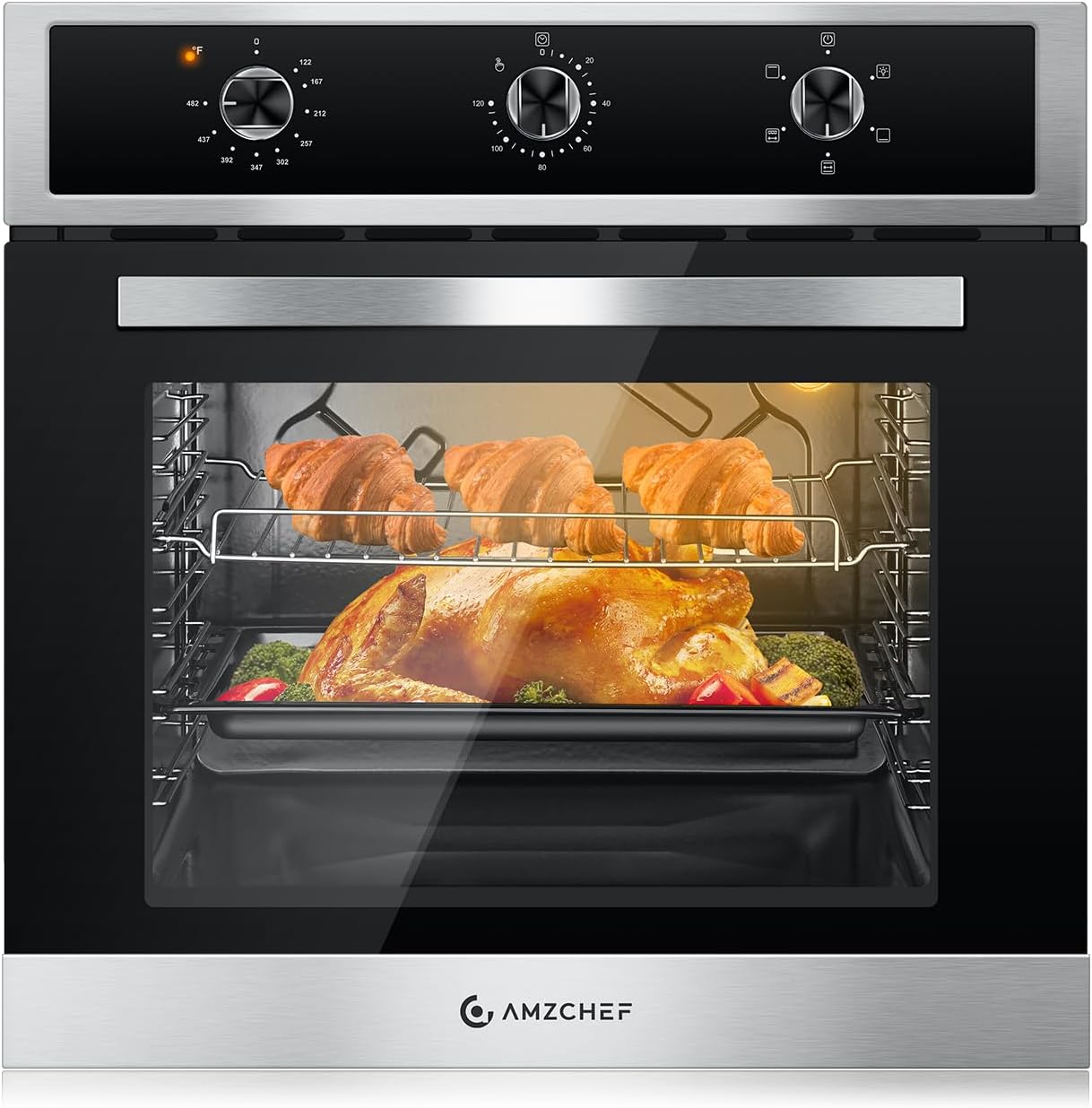 AMZCHEF 24″ Single Wall Oven, 2.65 Cu.ft. Built-in Electric Wall Oven with 5 Cooking Functions, 360° ROTATING ROTISSERIE, 2200W, Mechanical Knobs Control, Timer, Stainless Steel Wall Oven for Kitchen