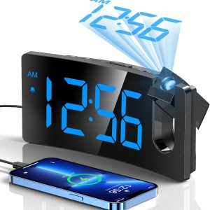GOLOZA Projection Alarm Clock, Digital Clock with 180° Rotatable Projector, 3-Level Brightness Dimmer, Clear LED Display, USB Charger, Progressive Volume, 9mins Snooze,12/24H, for Bedroom