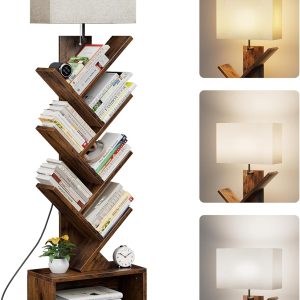 Evermagin 6 Tier Tree Bookshelf with Light, Narrow Bookcase Tower, Tall Floor Standing Book Organizer with Storage Cabinet for Living Room, Bedroom and Home Office, Rustic Brown