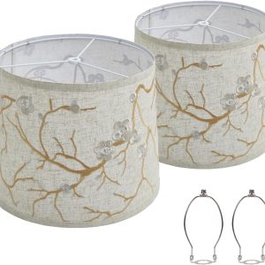 Lampshades Set of 2 for Table Floor Lamp, Lampshades with with Flower Design, 12.7" Top x 12.7" Bottom x 10" High, Natural Linen Hand Crafted, Lamp Shade Harp Holder Included