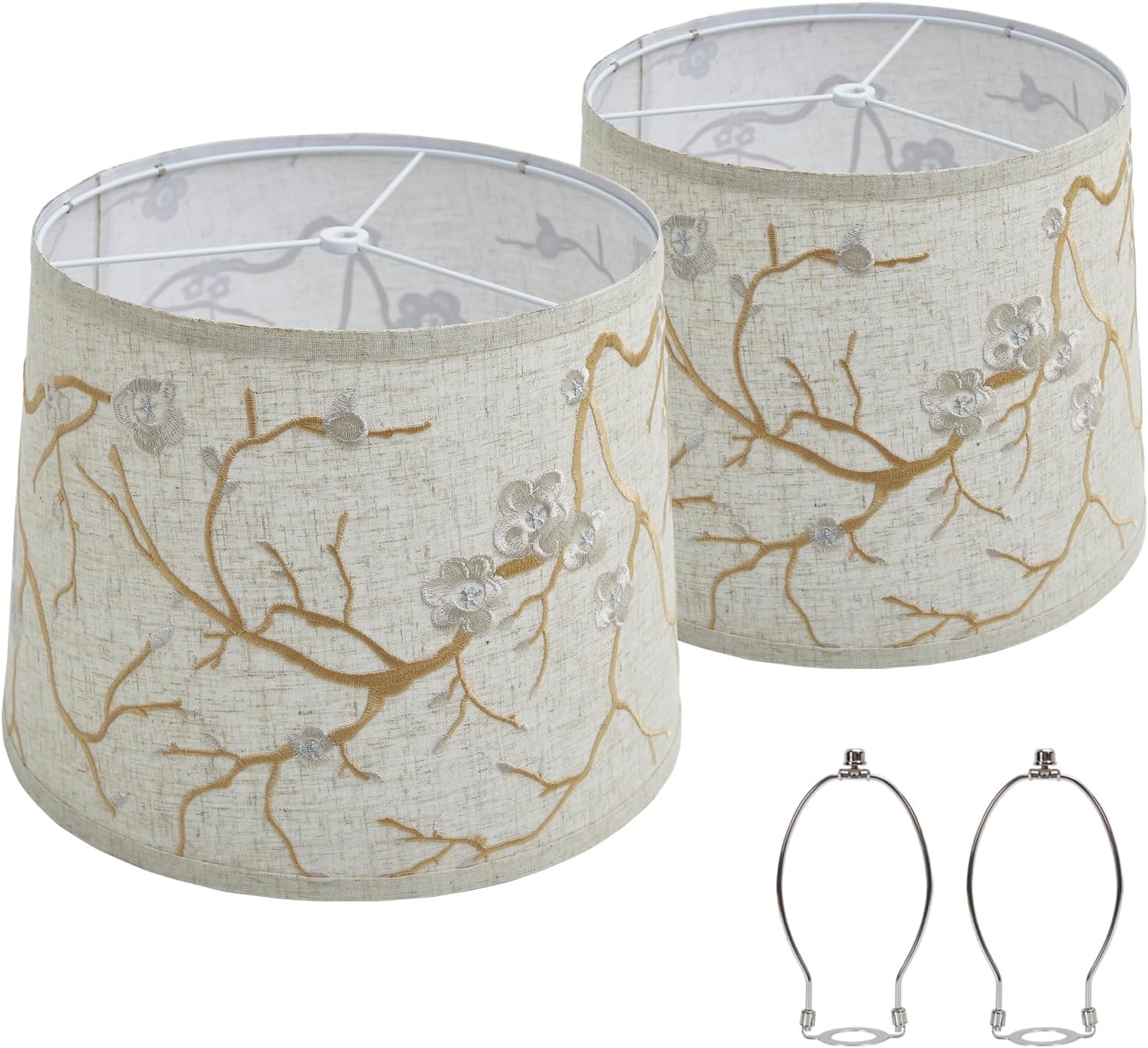 Lampshades Set of 2 for Table Floor Lamp, Lampshades with with Flower Design, 12.7″ Top x 12.7″ Bottom x 10″ High, Natural Linen Hand Crafted, Lamp Shade Harp Holder Included