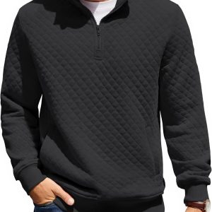 COOFANDY Mens Quarter Zip Pullover Quilted Sweatshirt Knit Long Sleeve Mock Neck Sweater Polo with Pocket