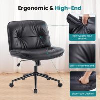 OLIXIS Criss Cross Chair with Wheels, Legged Home Office PU Leather Wide Armless Desk Seat, Rolling Adjustable Swivel Ergonomic Comfy Vanity Seating - Image 5