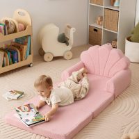 Blissful Diary Kids Couch, 2-in-1 Soft Toddler Couch Fold Out, Toddler Chair Comfy, Convertible Sofa to Lounger, Kids Furniture for Playroom, Gift for Birthday, Children's Day, Pink Shell - Image 4
