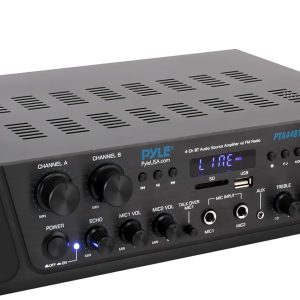 Pyle 500W 4-Channel Karaoke Bluetooth Amplifier - Home Theater Audio Receiver with AUX - FM - RCA Subwoofer Output - USB - Microphone Input with Echo for Wireless Music Streaming - PTA44BT