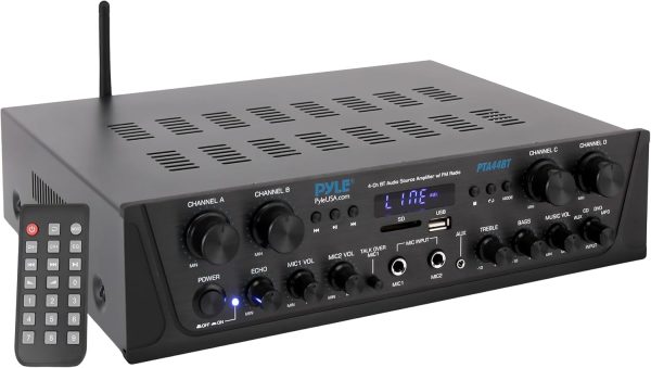 Pyle 500W 4-Channel Karaoke Bluetooth Amplifier - Home Theater Audio Receiver with AUX - FM - RCA Subwoofer Output - USB - Microphone Input with Echo for Wireless Music Streaming - PTA44BT