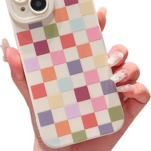 Compatible with iPhone 15 Case Cute Checkered Pattern Design for Girls Women, Soft Silicone Shockproof Protective Designed for iPhone 15 Case-Colorful