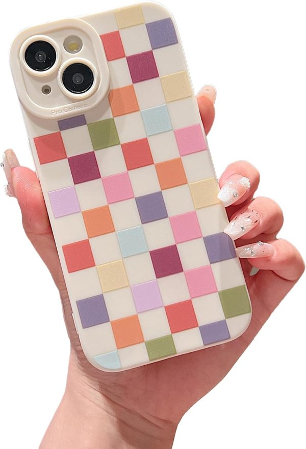 Compatible with iPhone 15 Case Cute Checkered Pattern Design for Girls Women, Soft Silicone Shockproof Protective Designed for iPhone 15 Case-Colorful