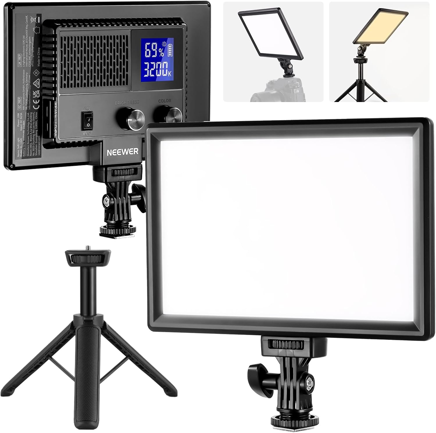 NEEWER 9″ LED Video Light Panel, Dimmable DSLR Camera Soft Lighting with Mini Desk Tripod Stand, USB Type C Ports, 3200K~5600K CRI95+ for Studio Photography Video Recording Live Streaming, NL-116AI