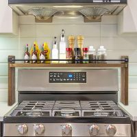 MyGift 33 Inch Stove Top Spice Rack - Deluxe Rustic Burnt Solid Wood and Industrial Black Metal Space Saving Over The Stovetop Range Storage Display Shelf - Image 2