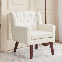 Living&Giving Accent Chair Button-Tufted Upholstered Living Room Chairs Comfy Reading Mid Century Modern with Linen Fabric Lounge Arm for Bedroom (Beige) 29.33D x 28.94W x 34.65H Inch - Image 3