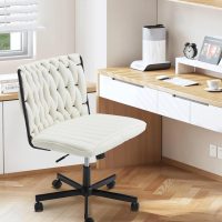 Criss Cross Legged Chair with Wheels,Modern Chenille Armless Office Desk Chair with Wide Seat,Swivel & Adjustable Height, 90-135°Reclining Ergonomic Task Chair for Home,Office (Chenille, Beige) - Image 7