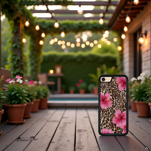 A vibrant floral arrangement with pink hibiscus flowers and leopard print fabric on a wooden surface