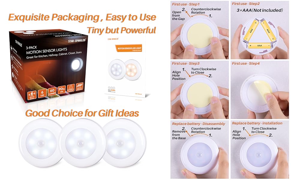 LED Motion Sensor Lights, Stick on Lights, Puck Lights, Closet Lights，Night Lights, STAR-SPANGLED