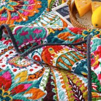 Qucover California King Quilt, Boho Paisley Pattern Colorful Cotton Quilt, 3 Piece Lightweight Oversized King Quilt, with Pillow Shams, Multicolor Red, Pink, Orange and Blue Cal King Quilt, 118x106 - Image 5