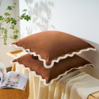 MONDAY MOOSE Decorative Throw Pillow Covers Cushion Cases, Set of 2 Soft Velvet Scalloped Wavy Edge Designs, Mix and Match for Home Decor, Pillow Inserts Not Included (Beige/Brown, 18x18 inch) - Image 3