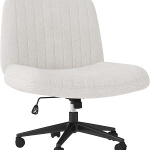 Shintenchi Criss Cross Chair,Cross Legged Office Seat with Wheels Armless Swivel Vanity Chair,Height Adjustable Wide Computer Task Seating for Home Office,Beige