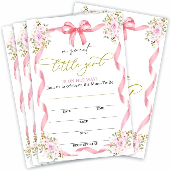 Floral & Bow Baby Shower Invitations - A Sweet Little Girl Is On Her Way - 15 Invites With Envelopes For Baby Girl, Little Sweet, Pink Favor - A67