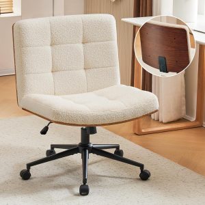 Furnimart Wide Swivel Criss Cross Legged Chair with Wheels, FSC Certified Wooden Desk Chair with Mid-Back Support, Comfy Armless Height Adjustable Vanity Chair for Desk, Bedroom (Faux Fur White)