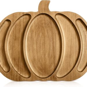 Sliner Fall Harvest Large Pumpkin Wooden Serving Platter 15x12 in Rustic Pumpkin Snack Fruit Meat Cheese Board Charcuterie Board Sectional Dish Plate for Thanksgiving(Walnut Color,Pine)