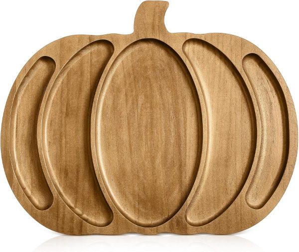 Sliner Fall Harvest Large Pumpkin Wooden Serving Platter 15x12 in Rustic Pumpkin Snack Fruit Meat Cheese Board Charcuterie Board Sectional Dish Plate for Thanksgiving(Walnut Color,Pine)