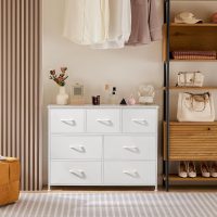 OLIXIS Dresser for Bedroom, 7 Storage Drawers, Wide Fabric Closet Chests Organizer Tower Furniture, TV Stand with Wooden Top Metal Frame for Clothes, Living Room, Hallway, Entryway, Classic White - Image 2